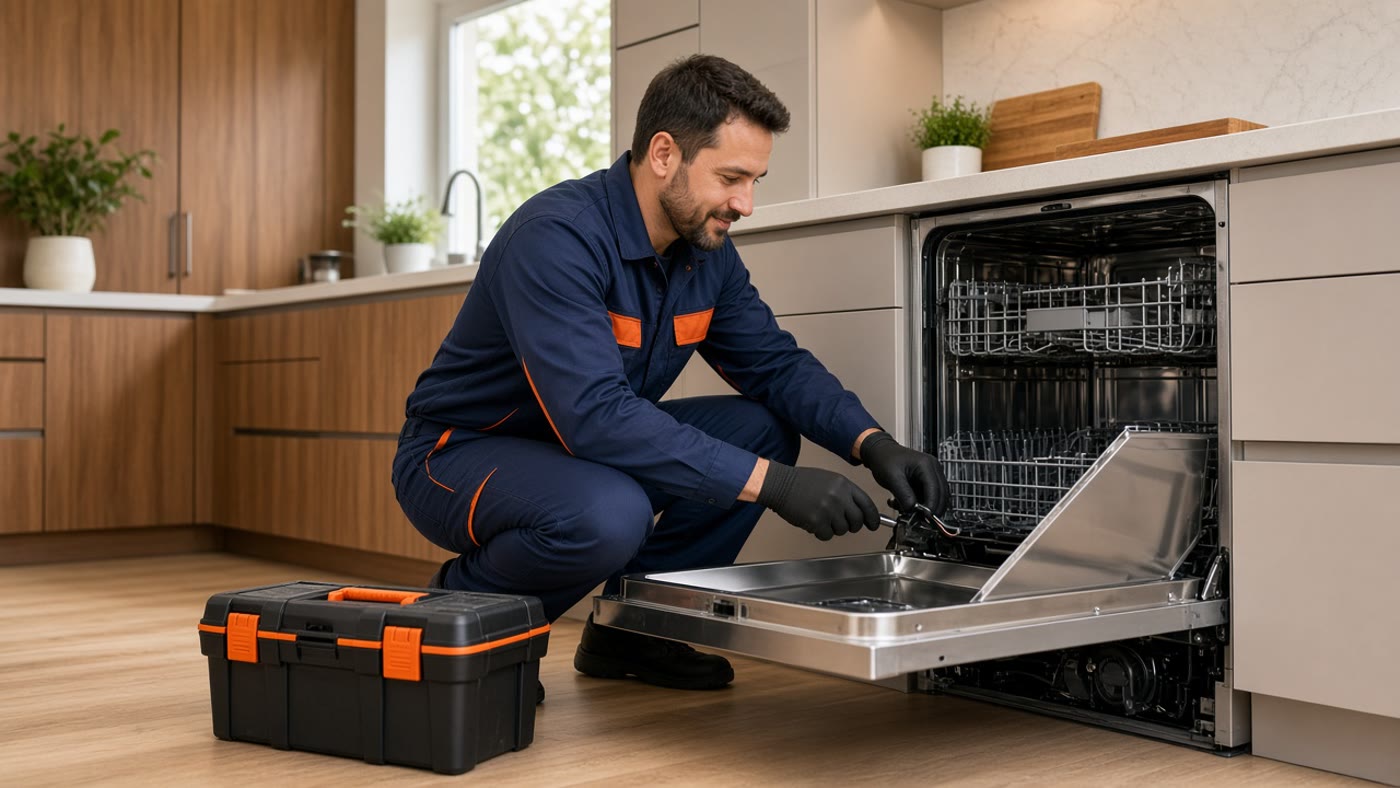 Technician repairing a dishwasher in Adelanto, CA