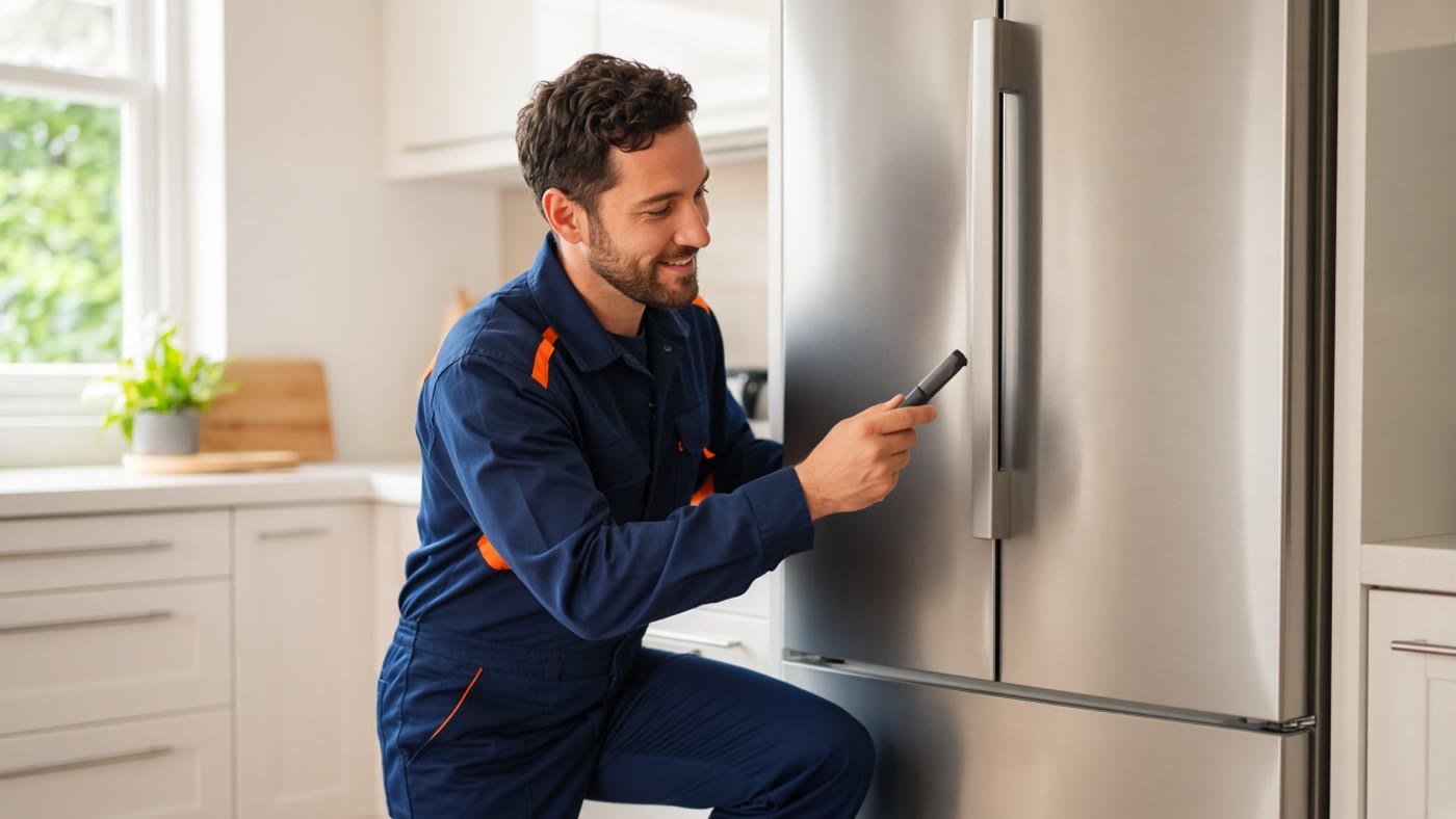 Technician repairing a refrigerator in Adelanto, CA