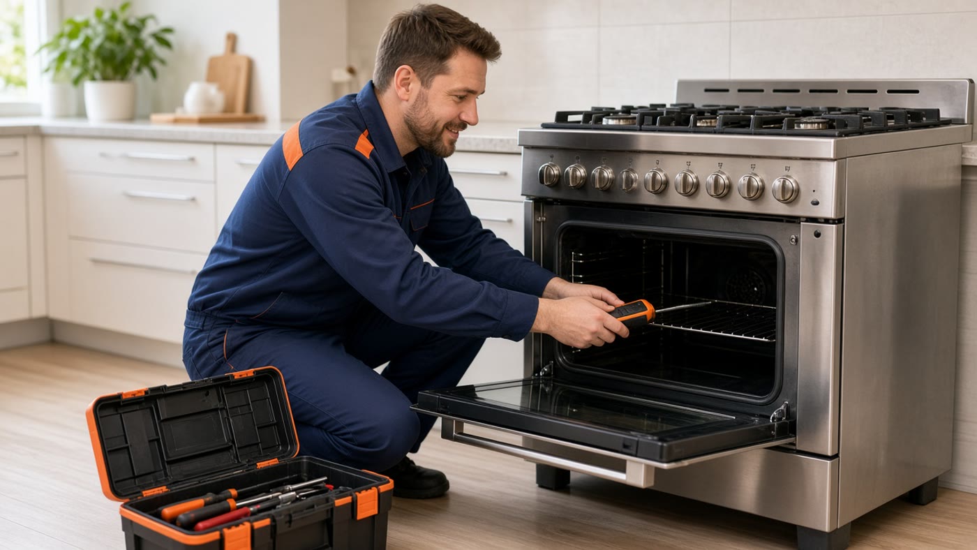 Technician repairing a stove and oven in Adelanto, CA