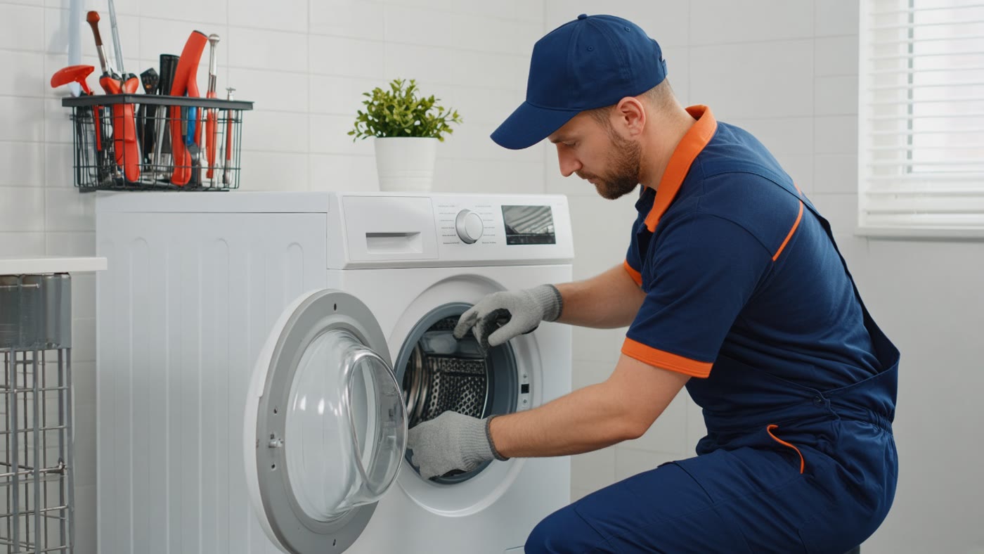 Technician repairing a washer and dryer in Adelanto, CA